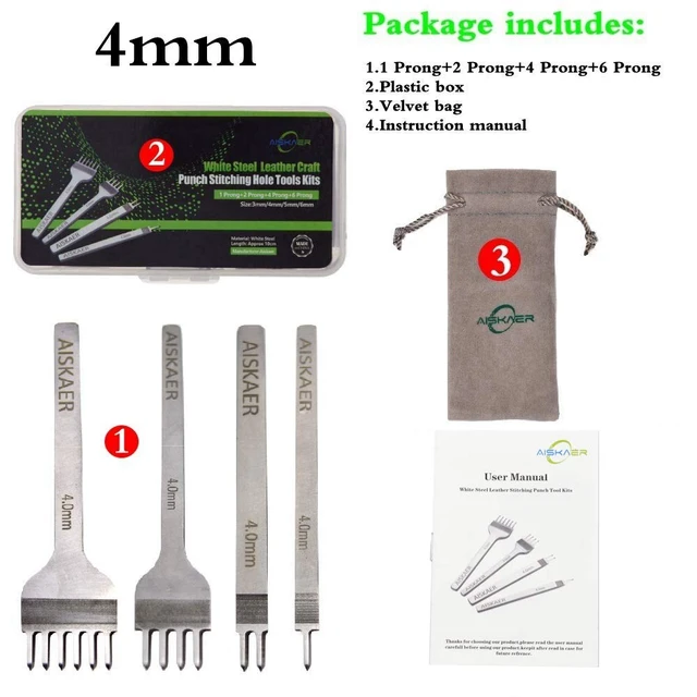 Alt view image 3 of 6 - Aiskaer Leather Stitching Punch Set Diamond Chisel Tools 4mm White Steel 1 2 4 6 Prong for Leather Craft DIY