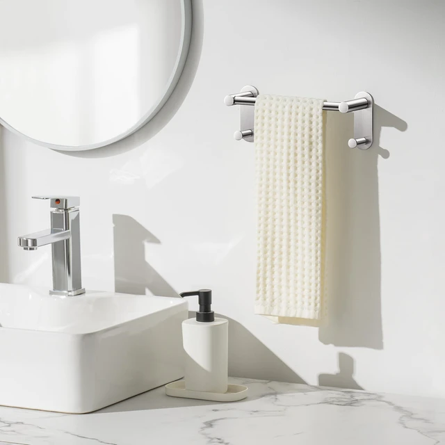 Alt view image 2 of 6 - 9 Inch Adhesive Towel Bar with 2 Hooks, No Drill, Brushed Nickel