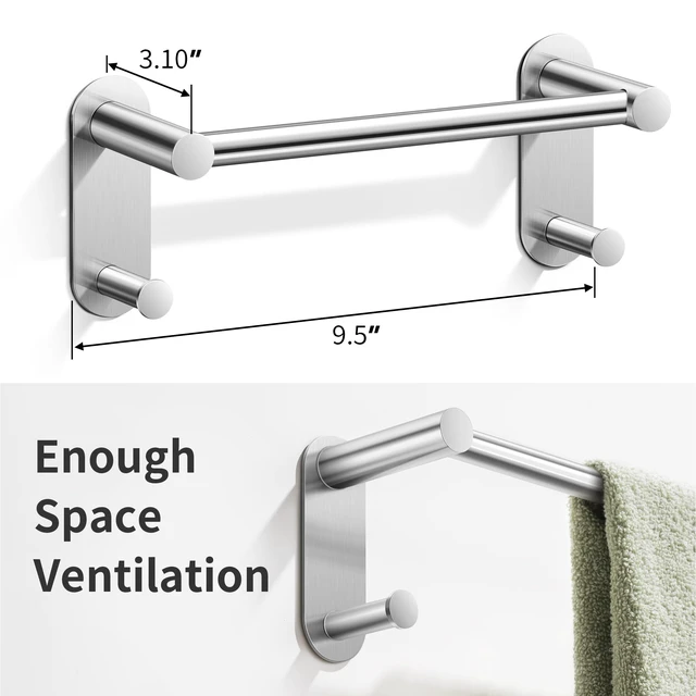 Alt view image 4 of 6 - 9 Inch Adhesive Towel Bar with 2 Hooks, No Drill, Brushed Nickel
