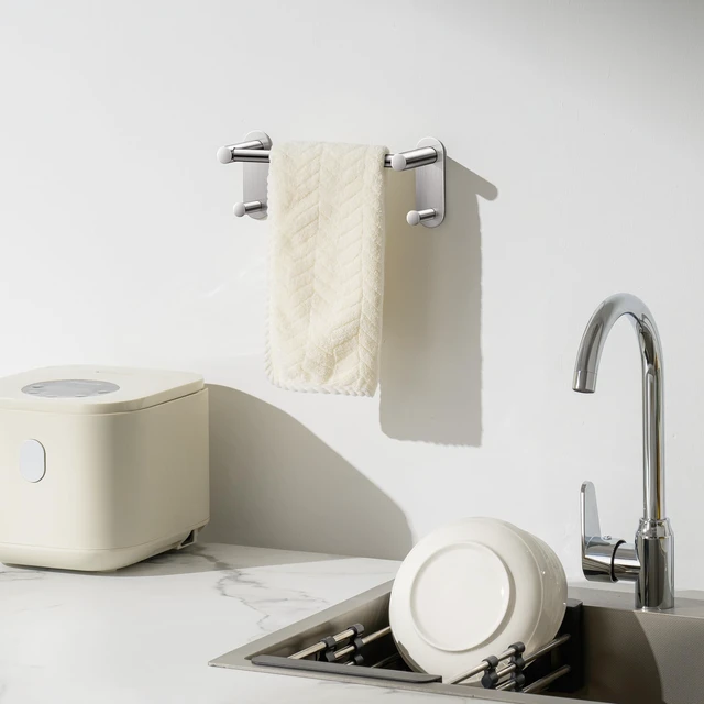 Alt view image 3 of 6 - 9 Inch Adhesive Towel Bar with 2 Hooks, No Drill, Brushed Nickel
