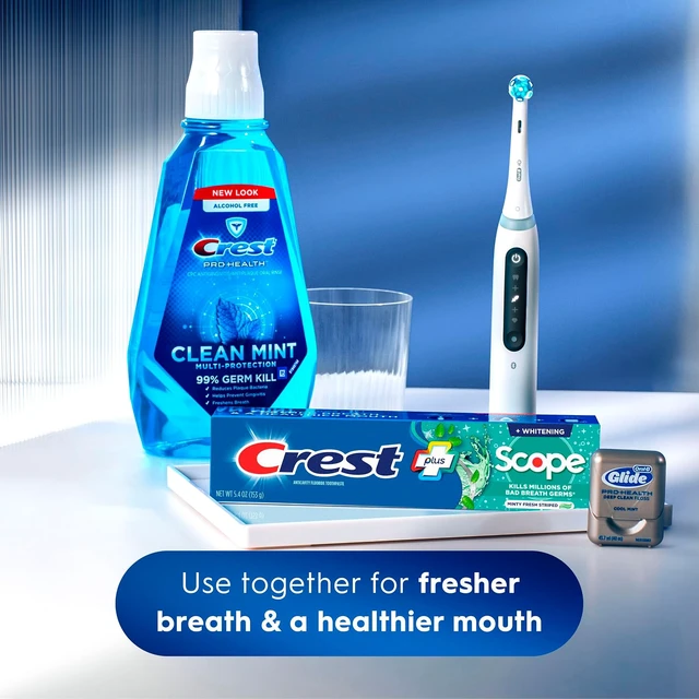 Alt view image 6 of 6 - Crest + Scope Whitening Toothpaste Pack of 3 5.4oz Tubes Anticavity Fluoride Toothpaste Fresh Breath Kills Germs Tartar Protection Enamel Protection Minty Fresh Flavor