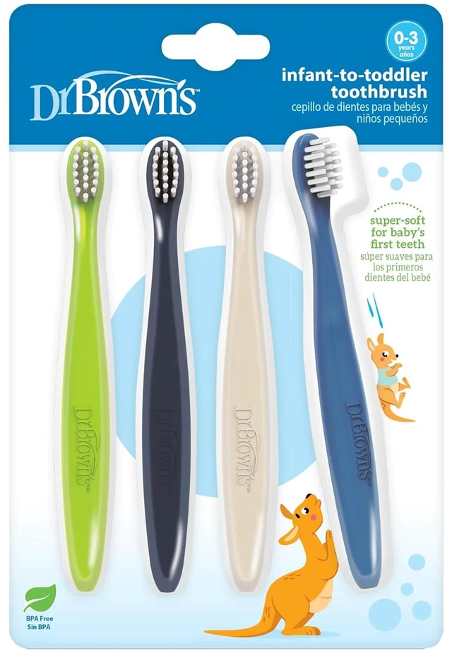 Main image of Dr. Brown's Infant-to-Toddler Toothbrush Set, 4-Pack, Soft & Gentle Manual Toothbrushes, Green/Dark Blue/Ecru/Blue, BPA Free, 0-3 Years