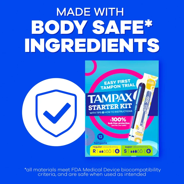 Alt view image 5 of 7 - Tampax Starter Kit Multipack, with LeakGuard Braid, Regular/Super Absorbency, Easy First Tampon Trial, Unscented, 12 Count