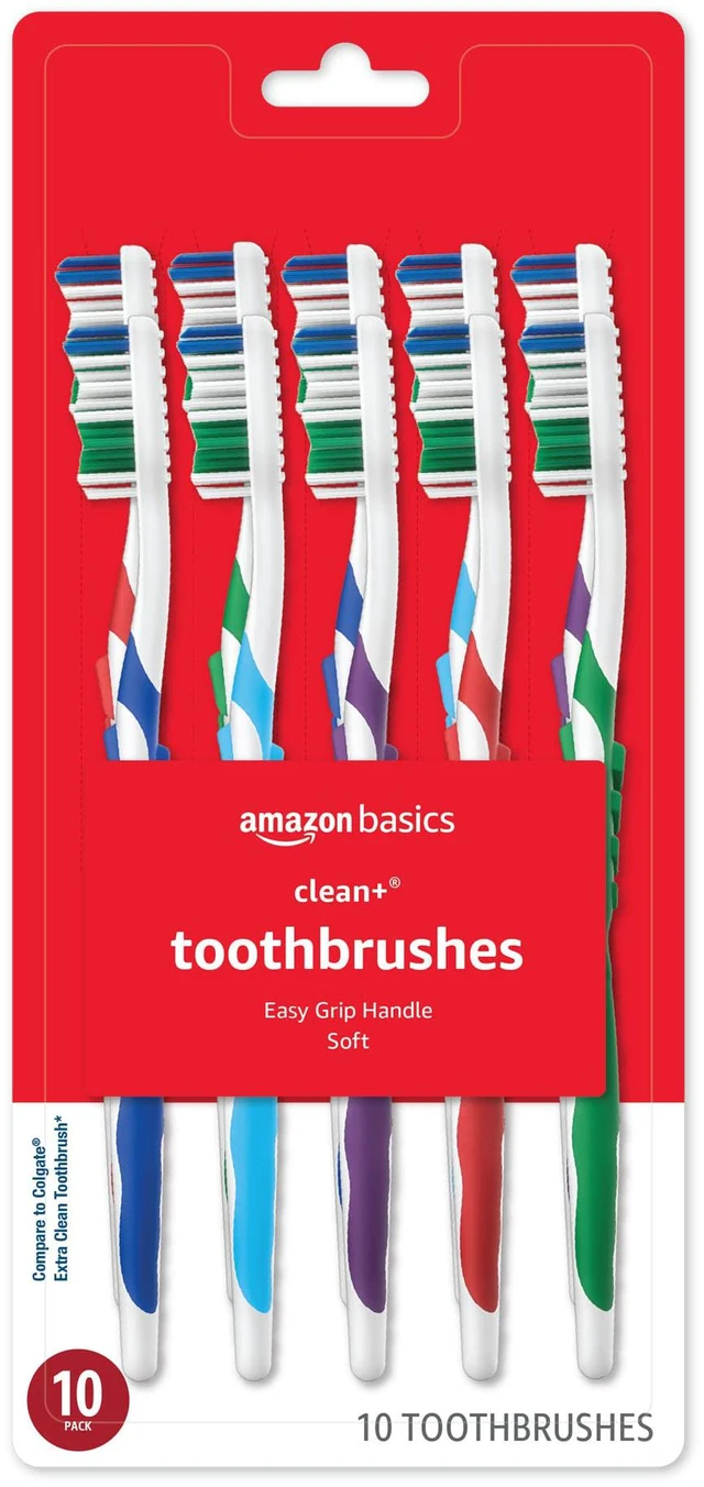 Main image of Amazon Basics Clean Plus Soft Bristle Toothbrushes with Angled End-Tuft, Cheek and Tongue Cleaner, Full Size, 10 Count, 1 Pack (Previously Solimo)