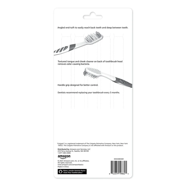 Alt view image 6 of 6 - Amazon Basics Clean Plus Soft Bristle Toothbrushes with Angled End-Tuft, Cheek and Tongue Cleaner, Full Size, 10 Count, 1 Pack (Previously Solimo)