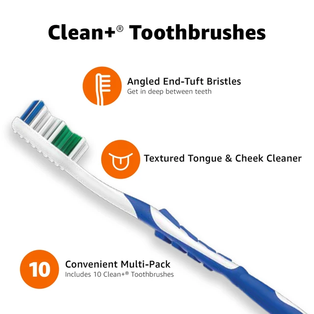 Alt view image 5 of 6 - Amazon Basics Clean Plus Soft Bristle Toothbrushes with Angled End-Tuft, Cheek and Tongue Cleaner, Full Size, 10 Count, 1 Pack (Previously Solimo)