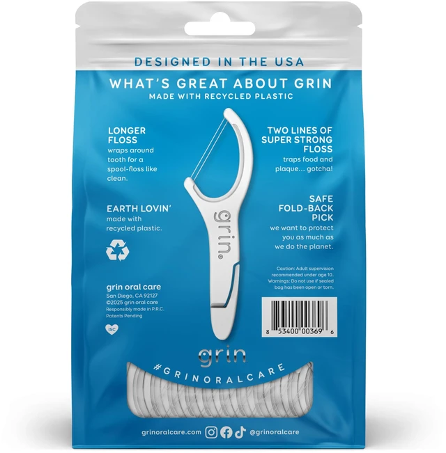 Alt view image 4 of 6 - GRIN Double Flosspyx, Floss Picks, 150 ct, Dental Flossers, Minty Flavor, Recycled Plastic, 2 Lines of Strong Floss, Longer Floss Head, Traps Food and Plaque, Includes Safe Soft Fold-Back Tooth Pick