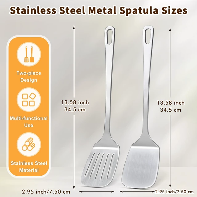 Alt view image 3 of 7 - 2 Pcs Stainless Steel Spatulas Set, Metal Spatula Solid & Slotted Turner, Heavy Duty Sturdy Spatula for Kitchen Use, High Heat Resistant Cooking Utensils for Fish Eggs Pancakes, Easy to Clean, Silver