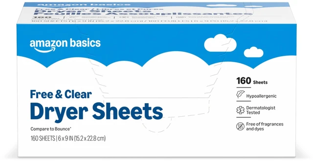 Main image of Amazon Basics Dryer Sheets Laundry Fabric Softener, Free & Clear, Hypoallergenic, Fragrance Free, Softening Agent, Dermatologist Tested, 160 Count