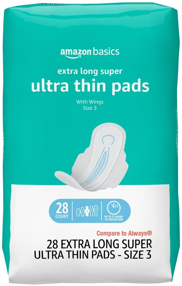 Main image of Amazon Basics Ultra Thin Pads with Flexi-Wings for Periods, Extra Long Length, Super Absorbency, Leak Protection, Unscented, Size 3, 28 Count