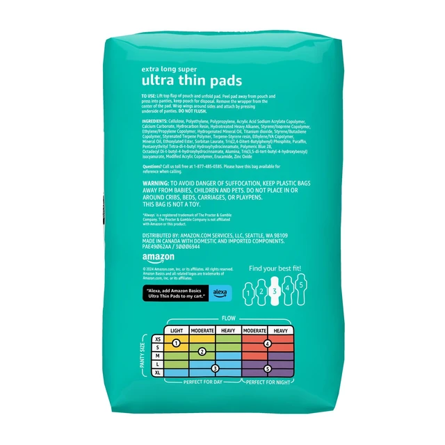 Alt view image 3 of 7 - Amazon Basics Ultra Thin Pads with Flexi-Wings for Periods, Extra Long Length, Super Absorbency, Leak Protection, Unscented, Size 3, 28 Count