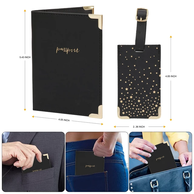Alt view image 3 of 7 - Luggage Tag with Passport Holder Cover for Women's Gift Set, Synthetic Vegan PU Leather, Cruise Essentials, Black