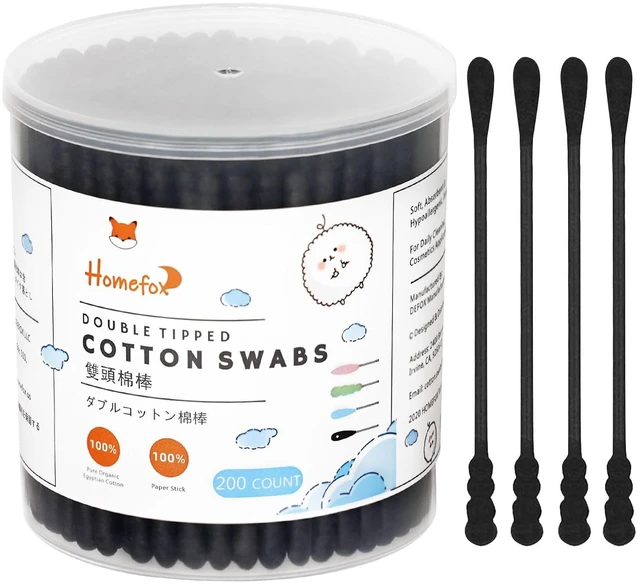 Main image of Black Cotton Swabs Spiral, 200 Count Organic Cotton Buds Charcoal Cotton Tips Paper Stick Soft Gentle Cruelty-Free Lint-Free Round & Spiral