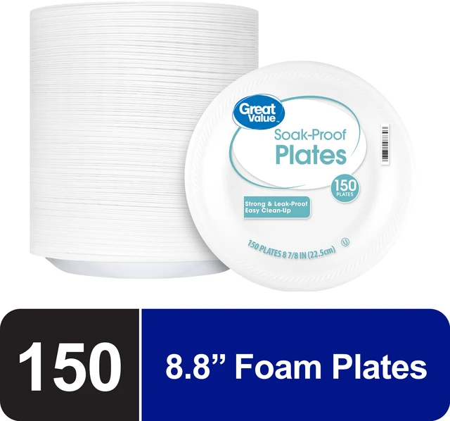 Main image of Soak-Proof Foam Plates, Great Value, White, 9in, 150Count