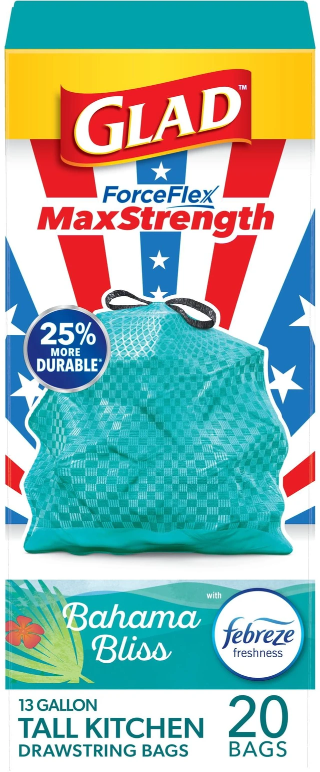 Main image of Glad ForceFlex MaxStrength 13-Gallon Teal Tall Kitchen Drawstring Trash Bags, Febreze Freshness Bahama Bliss Scent, 20 Bags