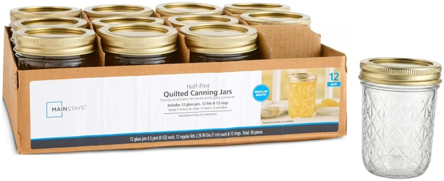 Main image of Mainstays 8 oz Regular Mouth Quilted Half Pint Mason Jars with Lids and Rings, 12-Pack Small Glass Jars for Home Canning and Gifting