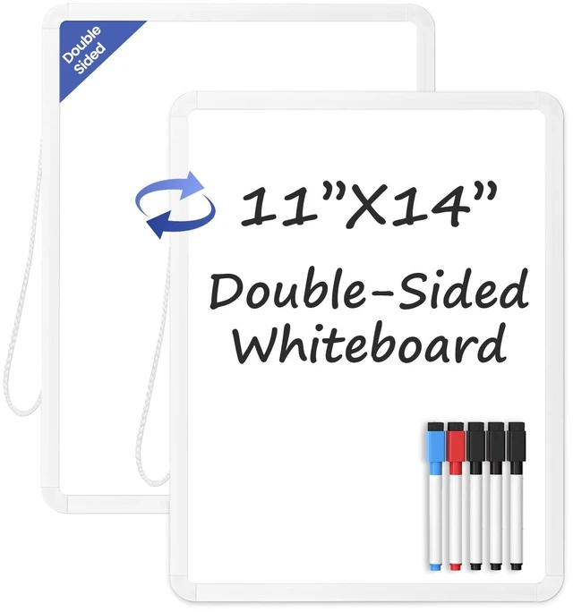 Main image of Small Wall White Board, 11" x 14" Mini Double-Sided Magnetic Dry Erase Board with Plastic Frame, Hanging Whiteboard with 5 Markers for Kids, Students, School, Kitchen, Home & Office