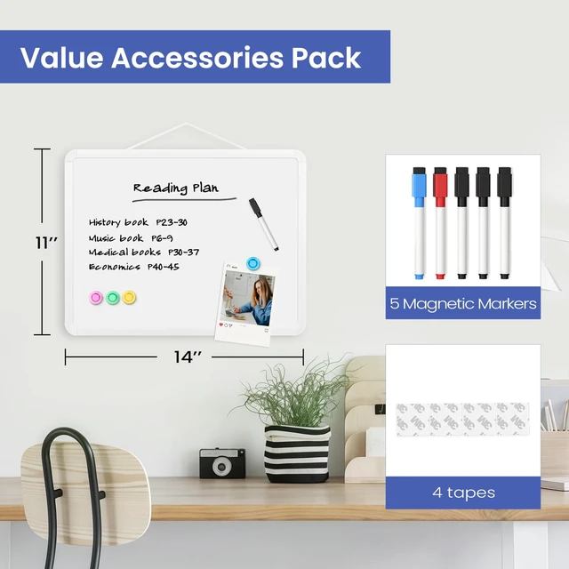 Alt view image 3 of 7 - Small Wall White Board, 11" x 14" Mini Double-Sided Magnetic Dry Erase Board with Plastic Frame, Hanging Whiteboard with 5 Markers for Kids, Students, School, Kitchen, Home & Office
