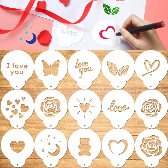 Alt view image 2 of 7 - Konsait Coffee Stencil, 15 Pieces Latte Art Stencils for Coffee Decorations, Oatmeal Cupcake Cake Cappuccino Mousse Hot Chocolate Valentines Day