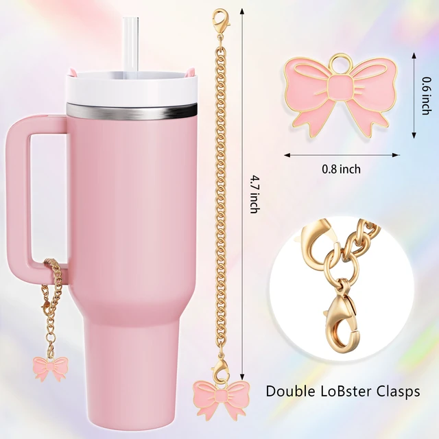 Alt view image 6 of 7 - Compatible with Stanley Cup Accessories - 3Pcs 10mm Bow Straw Topper Compatible with Stanley Cup Straw Cover Cap, 2pcs Pink Bow Charms for Stanley 30&40 Oz Tumbler with Handle
