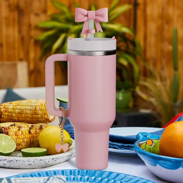 Alt view image 5 of 7 - Compatible with Stanley Cup Accessories - 3Pcs 10mm Bow Straw Topper Compatible with Stanley Cup Straw Cover Cap, 2pcs Pink Bow Charms for Stanley 30&40 Oz Tumbler with Handle
