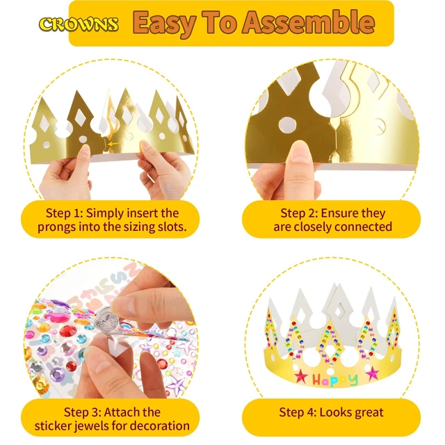 Alt view image 6 of 6 - Gold Paper Crowns, 15 Pcs DIY Birthday Party Crowns with Gem Stickers