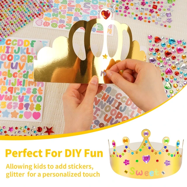 Alt view image 5 of 6 - Gold Paper Crowns, 15 Pcs DIY Birthday Party Crowns with Gem Stickers