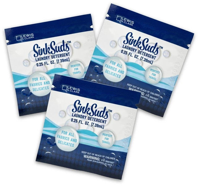 Main image of SinkSuds Laundry Detergent Travel Size Liquid Soap TSA Compliant Safe for All Fabrics, 3 Packets