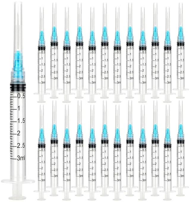 Main image of 24 Pack 3ml Syringes with Needle 23G 1 and Cap, Sterile Luer Lock Syringe Individually Packaged for Labs, Liquid Measuring, Pets,Oil, Glue