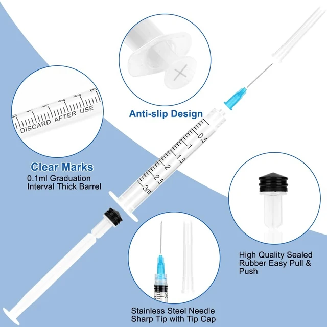 Alt view image 3 of 7 - 24 Pack 3ml Syringes with Needle 23G 1 and Cap, Sterile Luer Lock Syringe Individually Packaged for Labs, Liquid Measuring, Pets,Oil, Glue