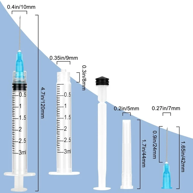 Alt view image 7 of 7 - 24 Pack 3ml Syringes with Needle 23G 1 and Cap, Sterile Luer Lock Syringe Individually Packaged for Labs, Liquid Measuring, Pets,Oil, Glue