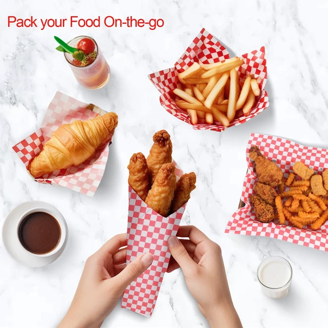 Alt view image 4 of 7 - 100PCS Sandwich Wrapping Paper, Grease Resistant Wax Paper Sheets for Food, Extra Strong Food Basket Liners, Classic Red & White Checkered Deli Sheets 12x12" for BBQ, Picnic, Festival - Vacnkoy