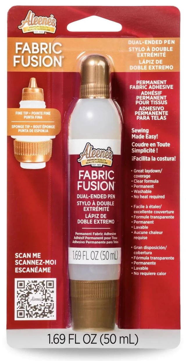 Main image of Aleene's Fabric Fusion Glue 1.6 oz Dual-Ended Pen, Fine Tip & Sponge Tip, Nontoxic, Permanent and Washable Adhesive, Dries Flexible, Strong Bond on Fabrics, Clothing, Denim, Materials