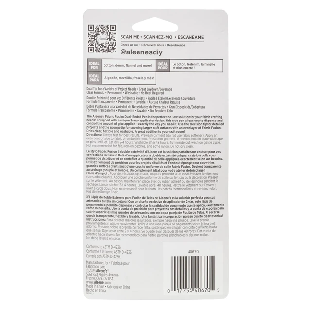 Alt view image 5 of 7 - Aleene's Fabric Fusion Glue 1.6 oz Dual-Ended Pen, Fine Tip & Sponge Tip, Nontoxic, Permanent and Washable Adhesive, Dries Flexible, Strong Bond on Fabrics, Clothing, Denim, Materials