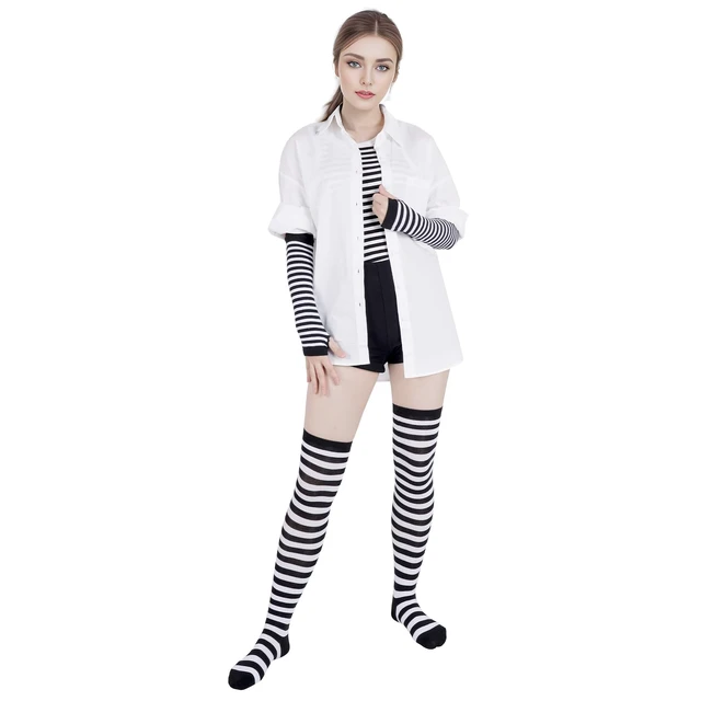 Alt view image 3 of 6 - Tongcloud Women's Striped Knee High Socks, Over Knee Thigh High Socks, Arm Warmer and Fingerless Gloves Set