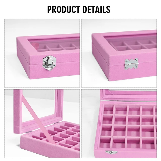 Alt view image 3 of 6 - Vicoter Velvet Jewelry Box 24 Grid Jewelry Ring Display Organiser Box Tray Holder Earrings Storage Case for Girls Wife Mom Women (Pink)