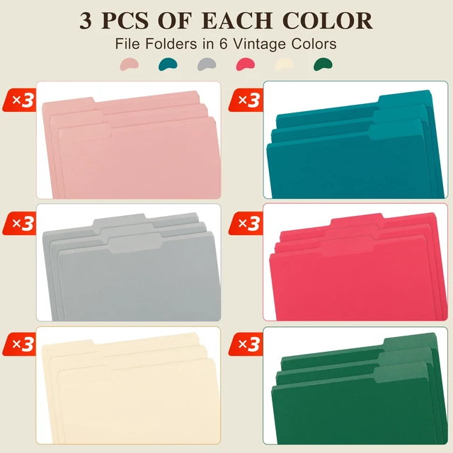 Alt view image 2 of 7 - Color File Folders, 1/3-Cut Tabs, 18 Pack File Folder Letter Size, 8.5x11 Inch Manilla folders, 6 Assorted Colors Organizer File Folders for School Home Office Business