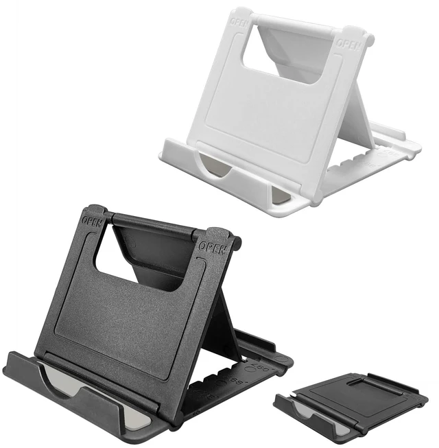Main image of POQOD 2 Pack Cell Phone Stand, Foldable Phone Holder for Desk Compatible with Phone 15 14 13 12 11 Pro Xs Xs Max Xr X 8, Nintendo Switch, All Phones, Black & White