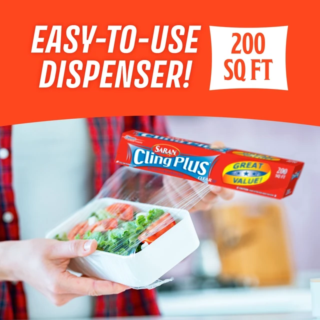 Alt view image 3 of 7 - Saran Cling Plus Clear Plastic Wrap, Food Storage, Easy Dispense, 200 Sq Ft Roll
