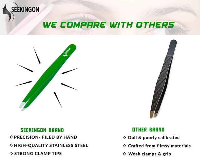 Alt view image 3 of 6 - Tweezers for Women Facial Hair - Hand Filed & Aligned Precision Tweezers for Ingrown Hair Plucking - Non Slip Grip Slant Sharp Tweezers for Men (Green)