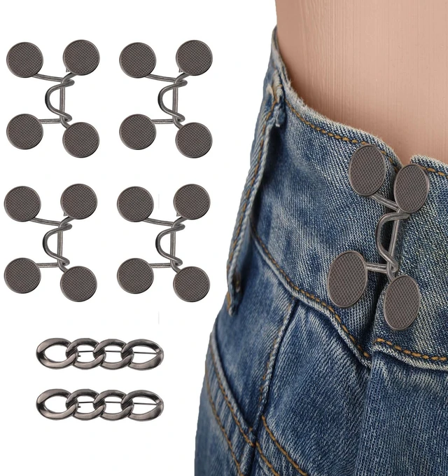 Main image of 6 Set Pant Waist Tightener Buttons Pins for Loose Jeans, Reusable Waistband Cincher Adjuster Clip to Tighten Waist Metal Brooch No Sewing Decoration Accessories for Clothing Dresses Skirts(Black)