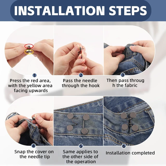 Alt view image 6 of 7 - 6 Set Pant Waist Tightener Buttons Pins for Loose Jeans, Reusable Waistband Cincher Adjuster Clip to Tighten Waist Metal Brooch No Sewing Decoration Accessories for Clothing Dresses Skirts(Black)