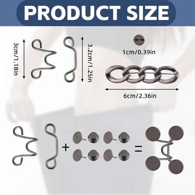 Alt view image 4 of 7 - 6 Set Pant Waist Tightener Buttons Pins for Loose Jeans, Reusable Waistband Cincher Adjuster Clip to Tighten Waist Metal Brooch No Sewing Decoration Accessories for Clothing Dresses Skirts(Black)