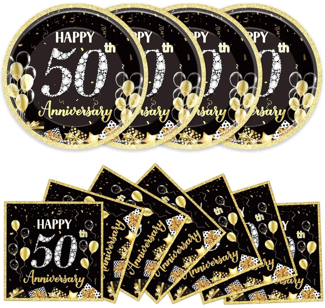 Main image of 48Pcs 50th Anniversary Paper Plates Napkins Wedding Party Decorations Employee Career Retirements Party Supplies Black Gold Disposable Dinner Tableware Set for Birthday Anniversary Graduation Serve 24