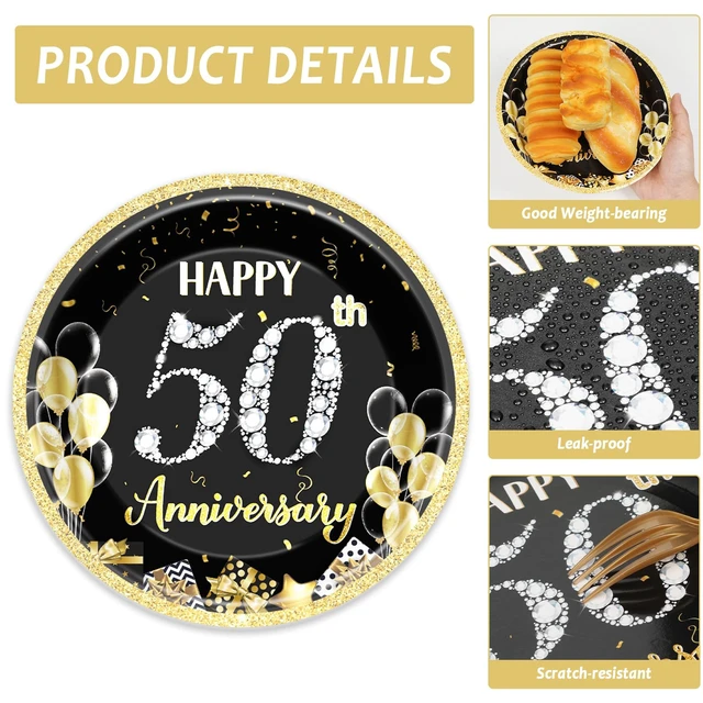 Alt view image 4 of 6 - 48Pcs 50th Anniversary Paper Plates Napkins Wedding Party Decorations Employee Career Retirements Party Supplies Black Gold Disposable Dinner Tableware Set for Birthday Anniversary Graduation Serve 24
