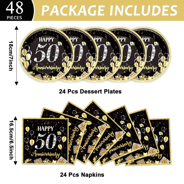 Alt view image 5 of 6 - 48Pcs 50th Anniversary Paper Plates Napkins Wedding Party Decorations Employee Career Retirements Party Supplies Black Gold Disposable Dinner Tableware Set for Birthday Anniversary Graduation Serve 24
