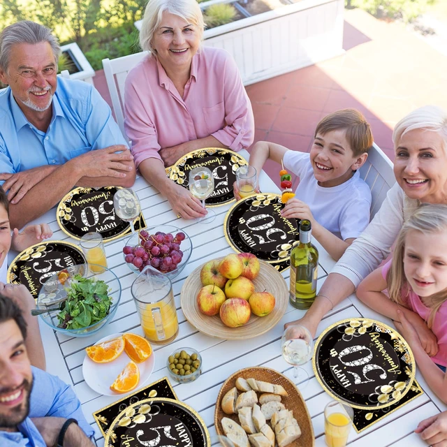 Alt view image 6 of 6 - 48Pcs 50th Anniversary Paper Plates Napkins Wedding Party Decorations Employee Career Retirements Party Supplies Black Gold Disposable Dinner Tableware Set for Birthday Anniversary Graduation Serve 24