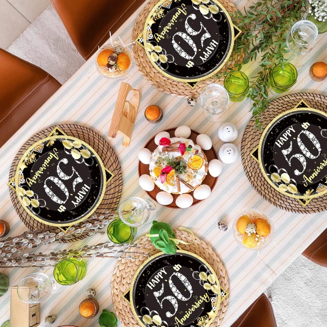 Alt view image 2 of 6 - 48Pcs 50th Anniversary Paper Plates Napkins Wedding Party Decorations Employee Career Retirements Party Supplies Black Gold Disposable Dinner Tableware Set for Birthday Anniversary Graduation Serve 24