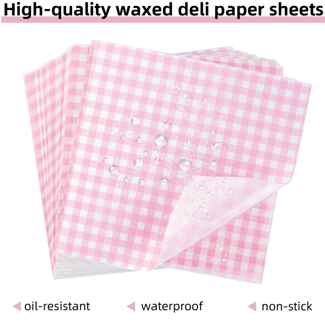 Alt view image 6 of 7 - Waxed Deli Paper Sheets 7x7 Inch, 100 Pack Pink Checkered Sandwich Wrapping Paper, Greaseproof Basket Liners, Precut Deli Wrap Wax Sheets, Microwave Safe Burger/Hot Dog/BBQ/Food Truck/Party