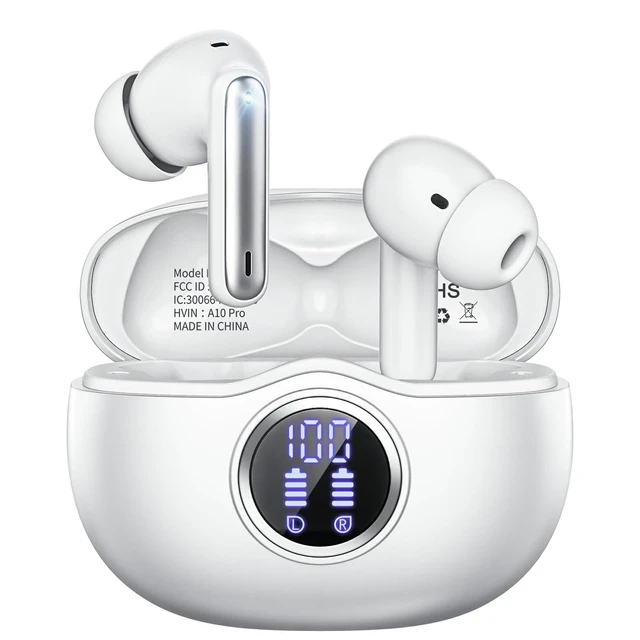 Alt view image 7 of 12 - Wireless Earbuds, Bluetooth 5.3 Headphones HiFi Stereo 50H Playback LED Digital Display Ear Buds with ENC Noise Canceling Headset, IPX7 Waterproof Earphones for Gym/Running/Work (White)